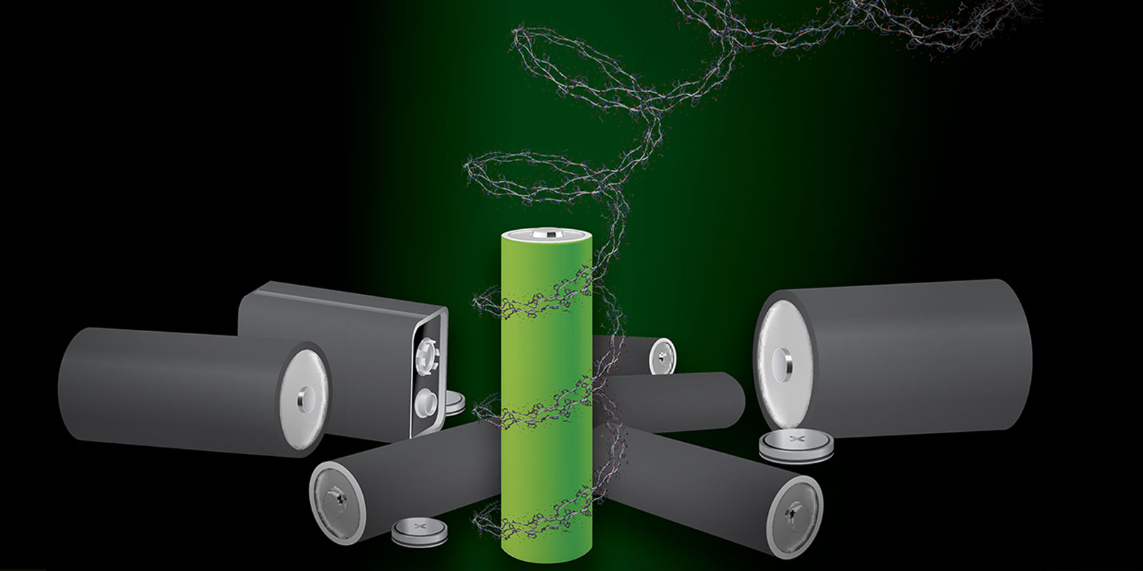 Cartoon graphic of various types of batteries.
