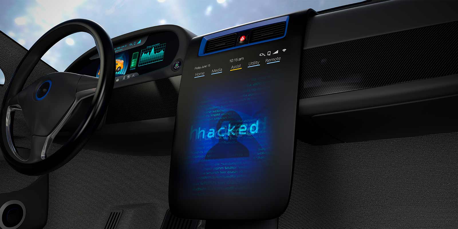 Computer rendering of the dashboard of a car with the words Hacked on the display.