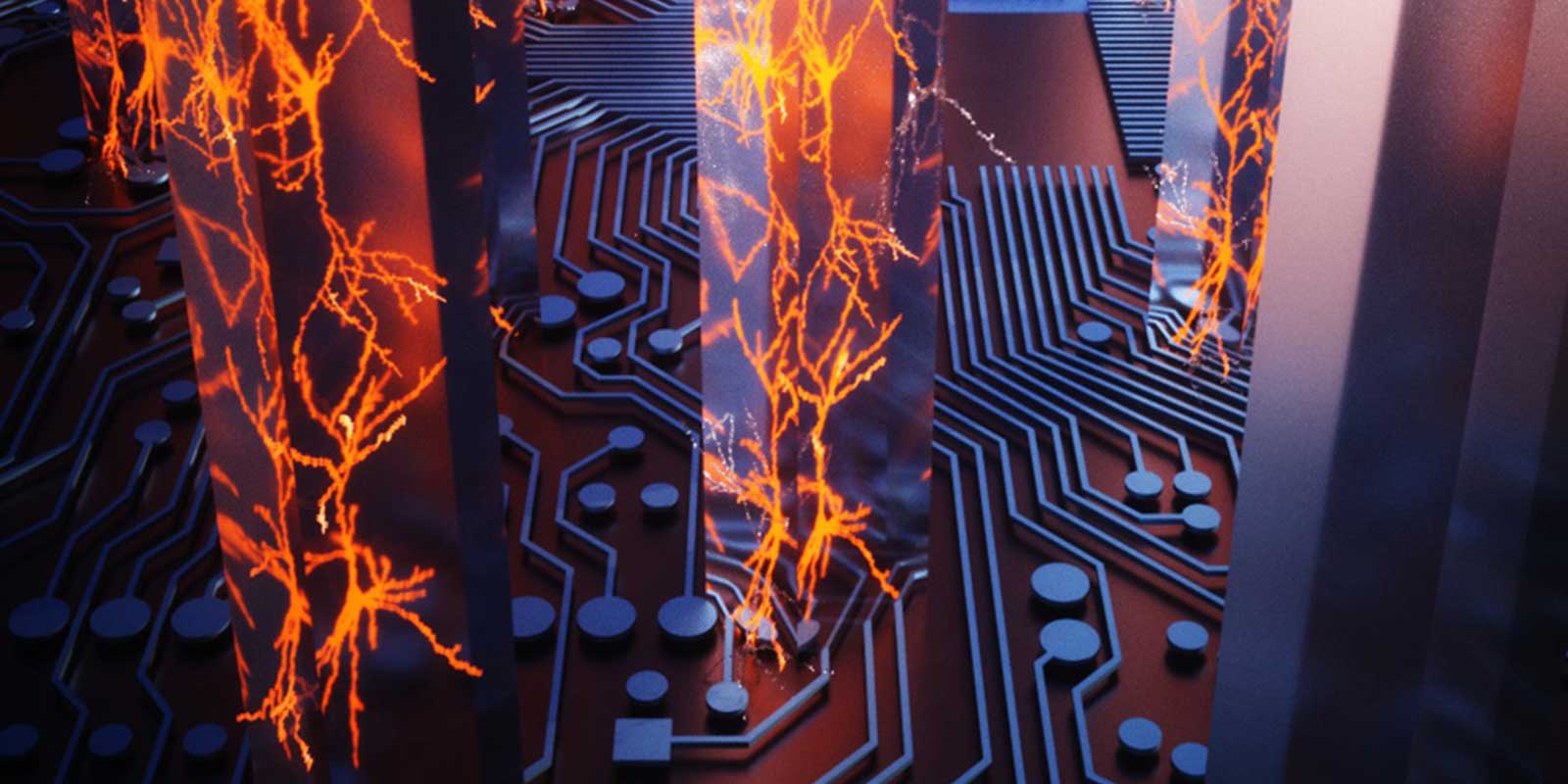 3d visualization of circuitboard with orange flashes coming up from the surface